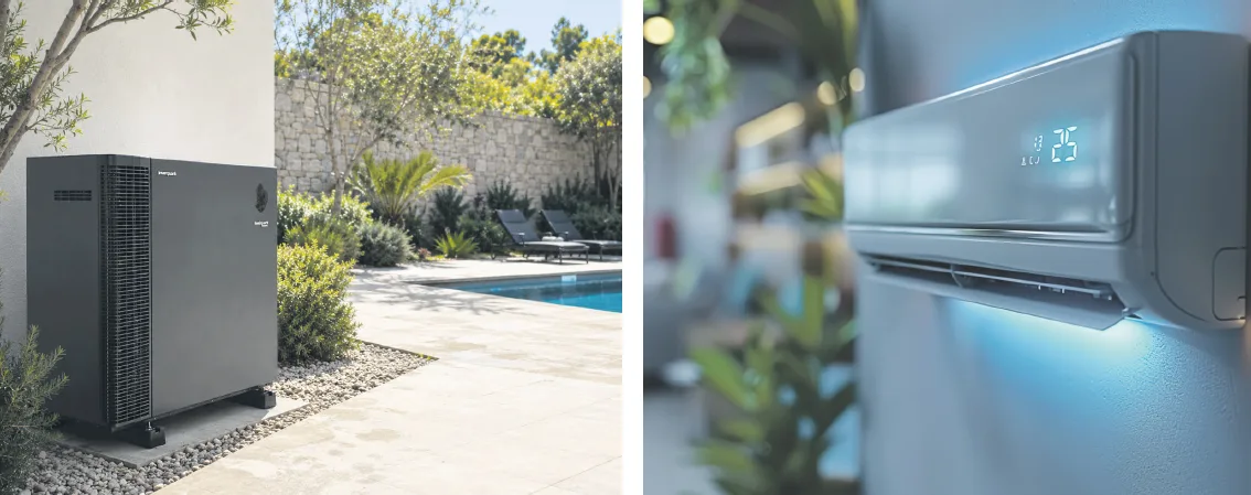 Wärmepumpe und Klimaanlage an einer mediterranen Poolterrasse