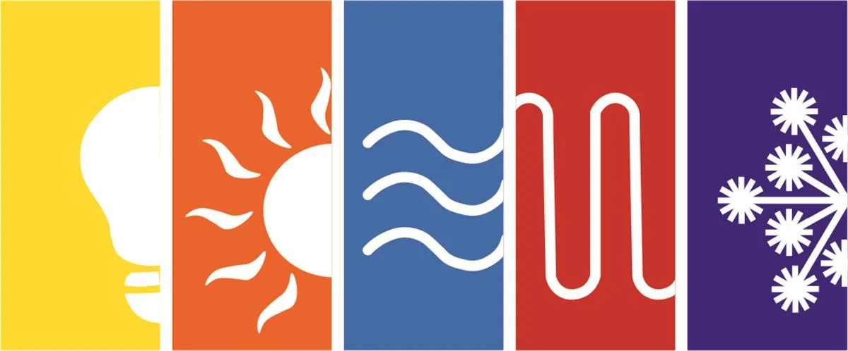 Symbolgrafik für Wärme, Luft, Wasser und Kälte